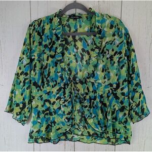 Notations‎ Size Medium Green Blue Print Ruffle 3/4 Sleeve Top